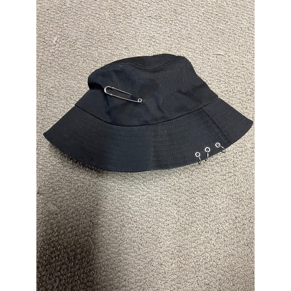 Black Cotton Bucket Hat with Silver Hoop Rings and Safety Pin Edgy Streetwear